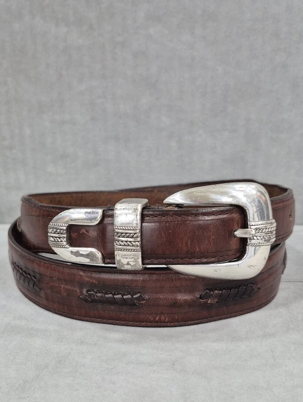 Vtg 90s Western Leather belt men's 36 brown leather silver buckle keeper and tip